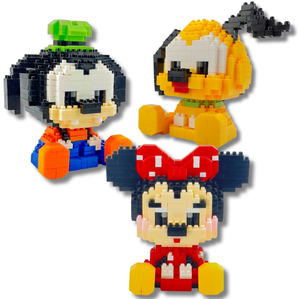 Mini bloco de montar kit com 3 personagens Minnie Pateta e Pluto 1.108 peças