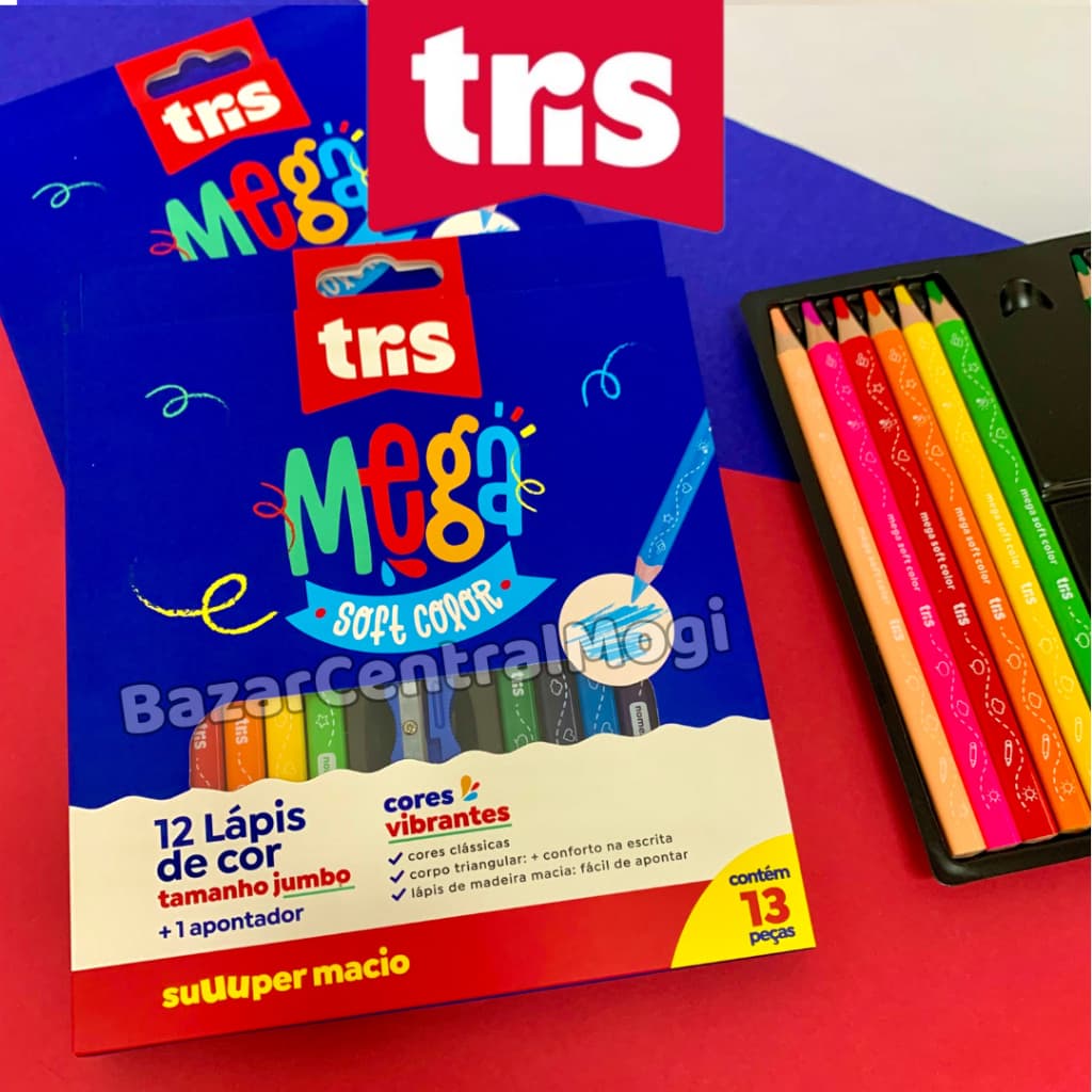 Lápis de Cor Jumbo Tris Mega Soft Color 12 Cores e Apontador Super Macio