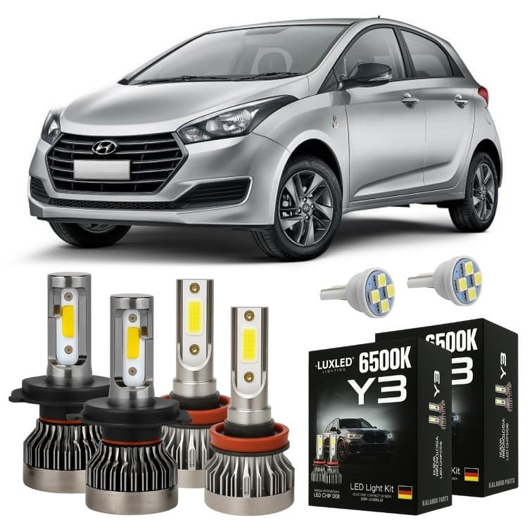 Kit Lâmpada Super Led Hyundai HB20 2012 A 2015 Farol Alto Baixo Milha 20000 Lm + Pingo T10 - Lâmpadas de Led