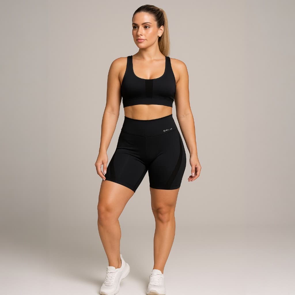Conjunto Feminino Academia Poliamida Top e Short Detalhe em Tule bermuda Fitness Topper sem Bojo