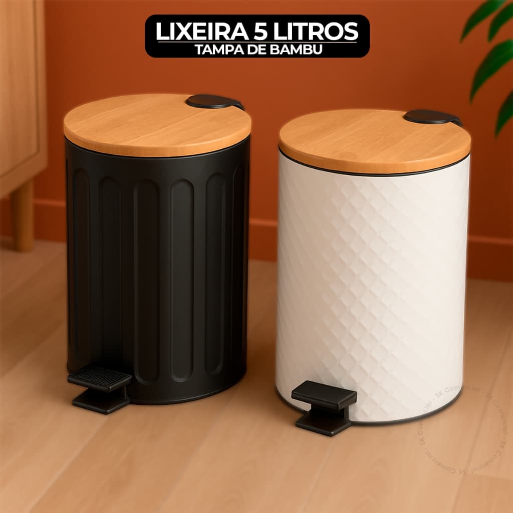 Lixeira Cesto De Lixo Com Pedal Tampa De Bambu 5 Litros Luxo Cozinha Banheiro