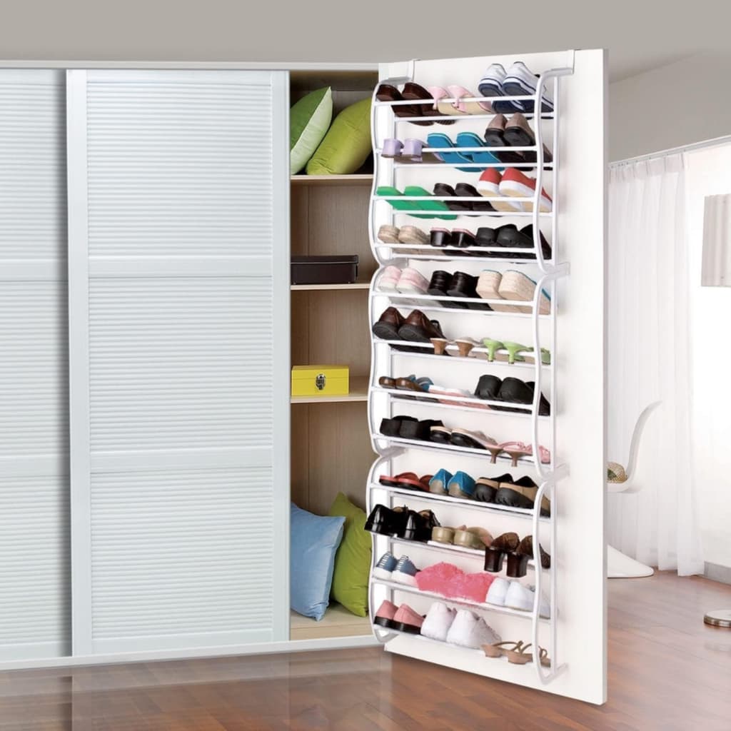 Sapateira Vertical de Parede e Porta para 36 Pares Branca ou Preta Rack Estante Multiuso Cestinho