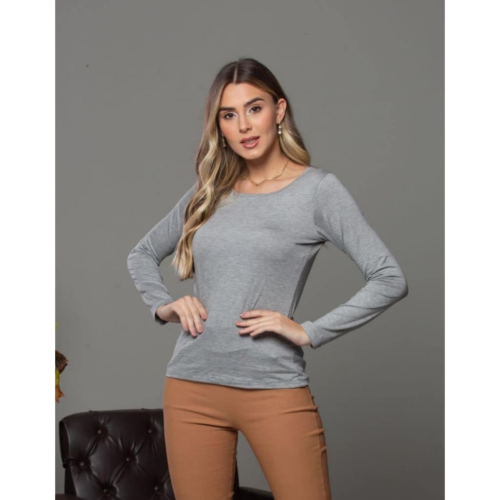 Camiseta Feminina Básica Manga Longa Justa Confortável Look Casual Segunda Pele Gola Redonda