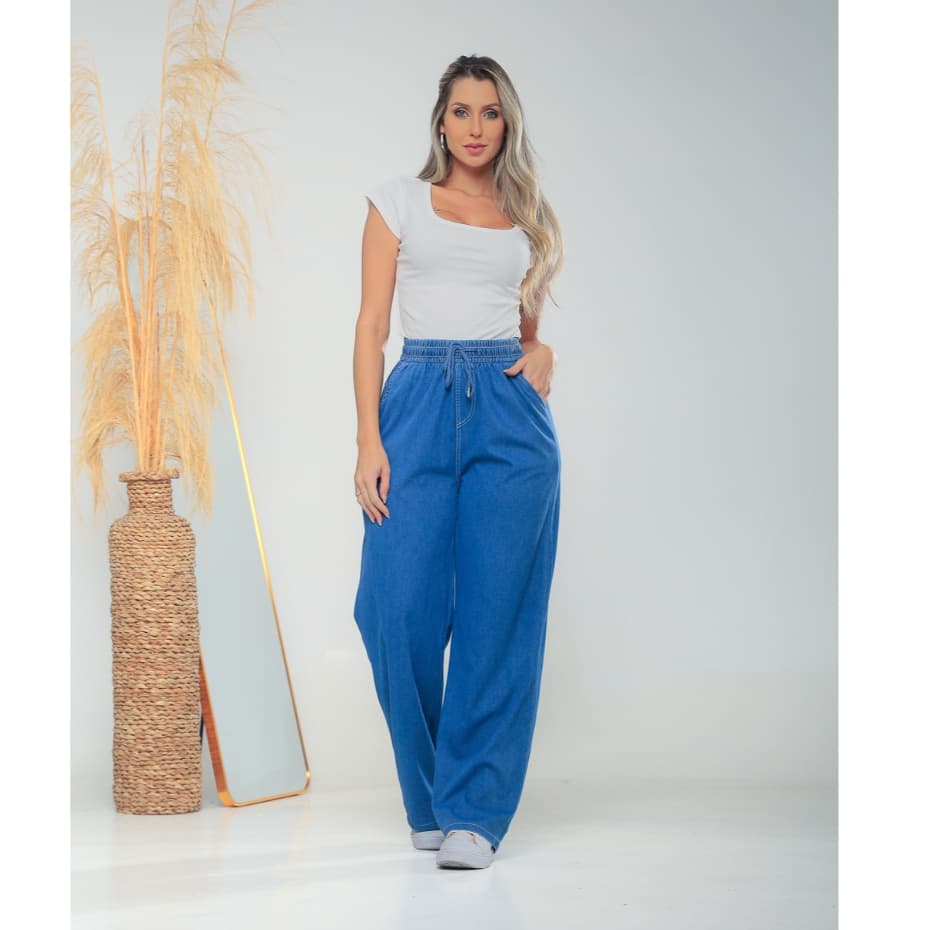 Calça pantalona feminina jeans fake em tecido plano com elastano 2330