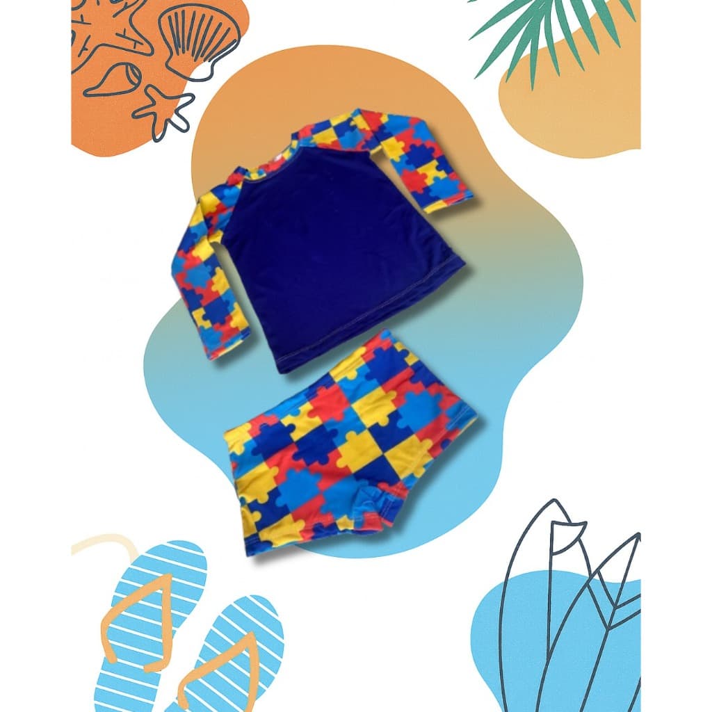 Moda Praia Autismo Infantil UV50+ Camisa Proteção Solar + Sunga