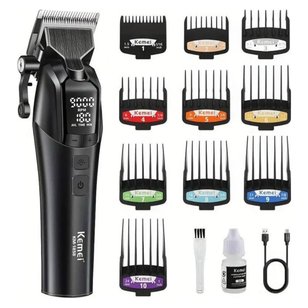 Máquina de cortar cabelo profissional kemei original sem fio 10w até 9000 RPM kit com 10 pentes KM-1858 - Bivolt