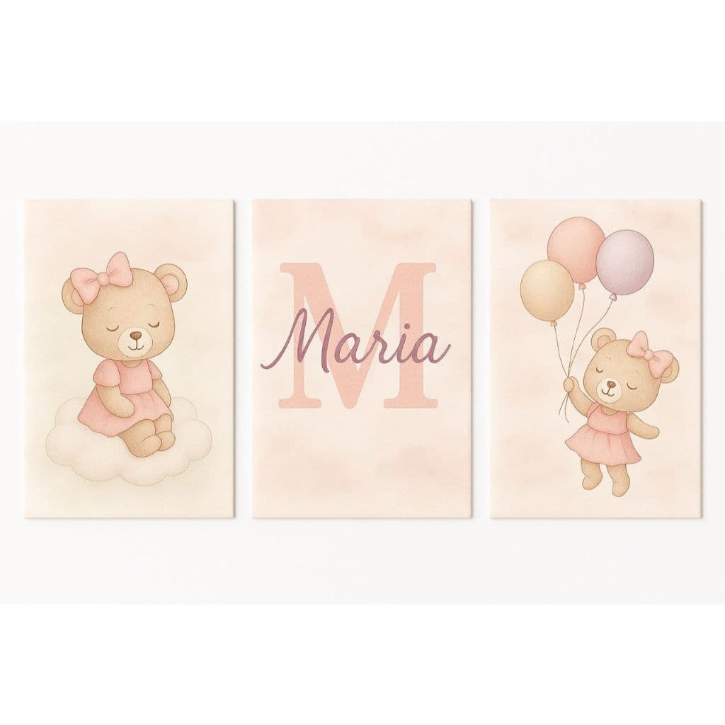 Kit Quadros Decorativos Mosaico 3 Peças Nome Letra Personalizado Menina Urso Rosa Ursinha Balão Céu
