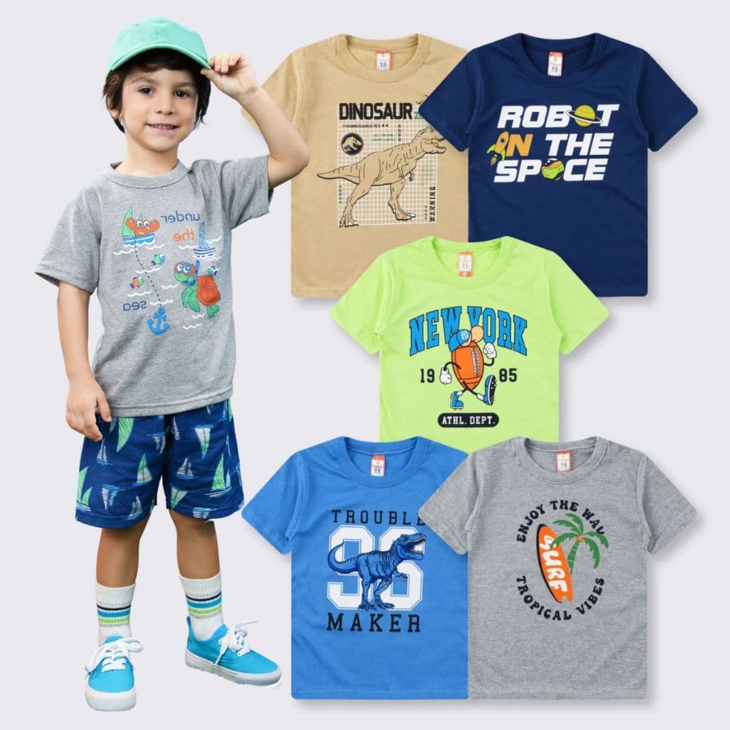 Combo 5 Camisetas Infantil Para Menino Manga Curta Algodão