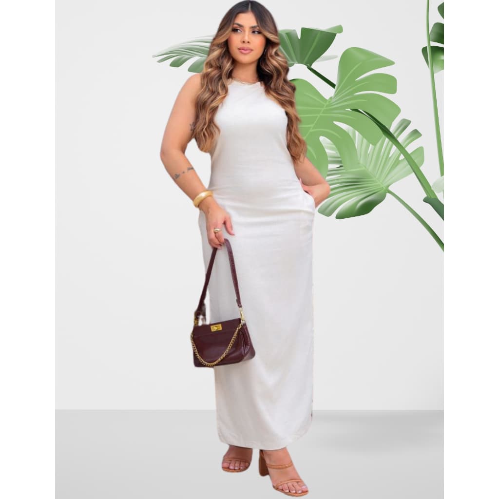 Vestido Longo Feminino Tubinho Com Fenda Lateral Tecido Linho