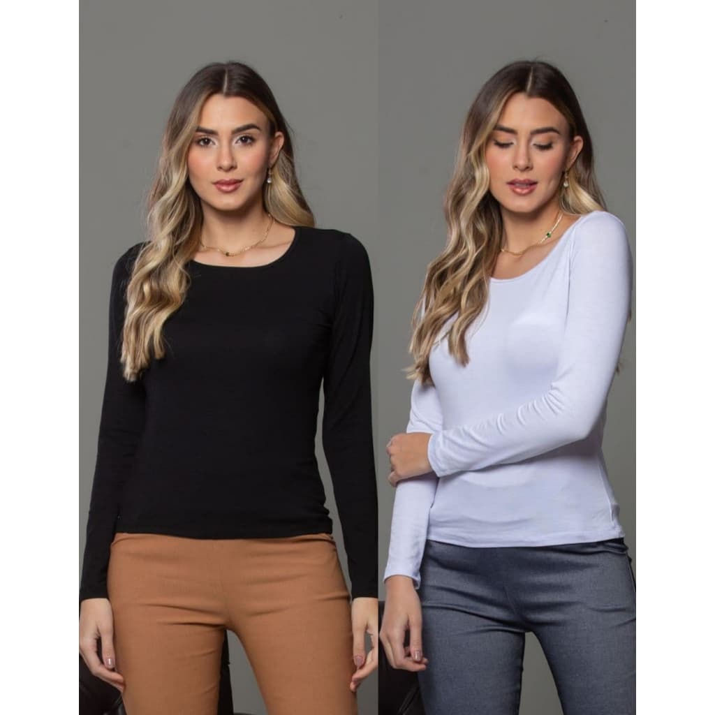 Camiseta Feminina Manga Longa Justa Básica Confortável Look Casual Segunda Pele Gola Redonda