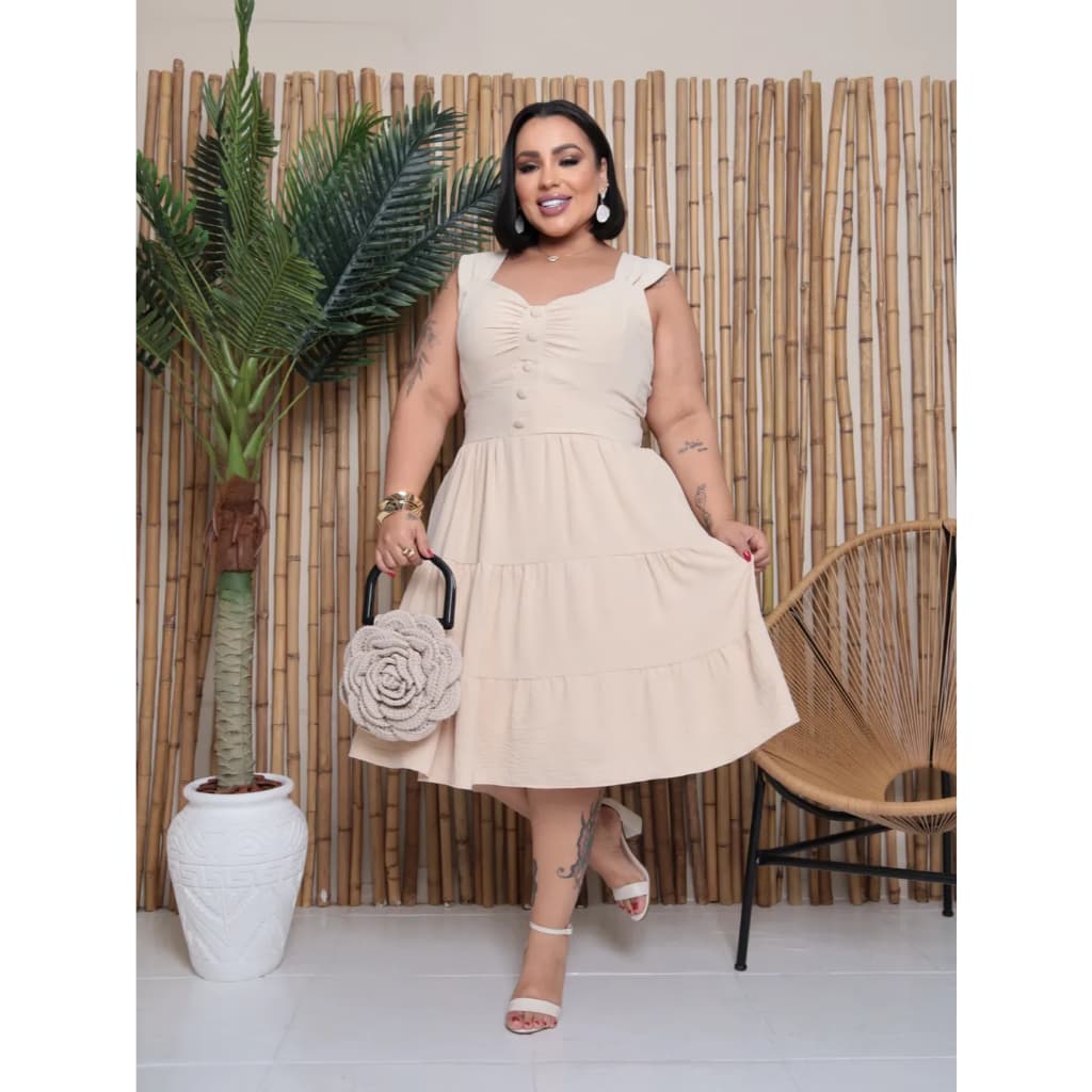 Vestido Plus Size Midi Botões Rodado Alça Grossa Feminino .