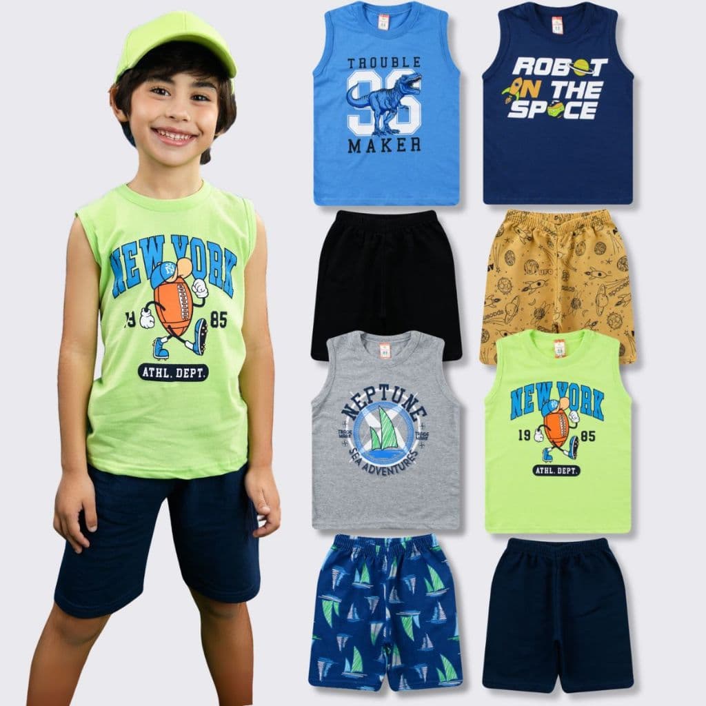 Kit 8 Peças 4 Conjunto Regata Menino Roupa Infantil Bermuda Moletom