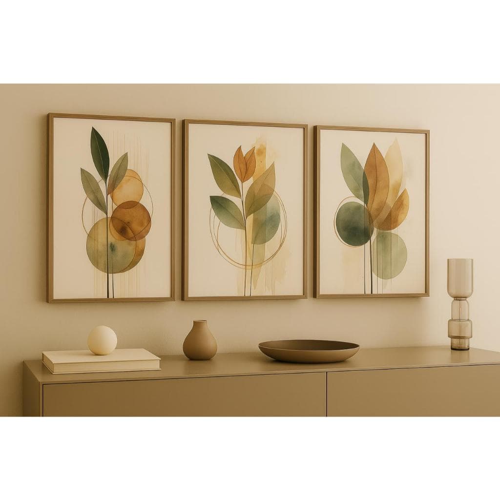 Quadro Decorativo 3 Peças Folhagem Abstrato Neutras Nórdico Minimalista