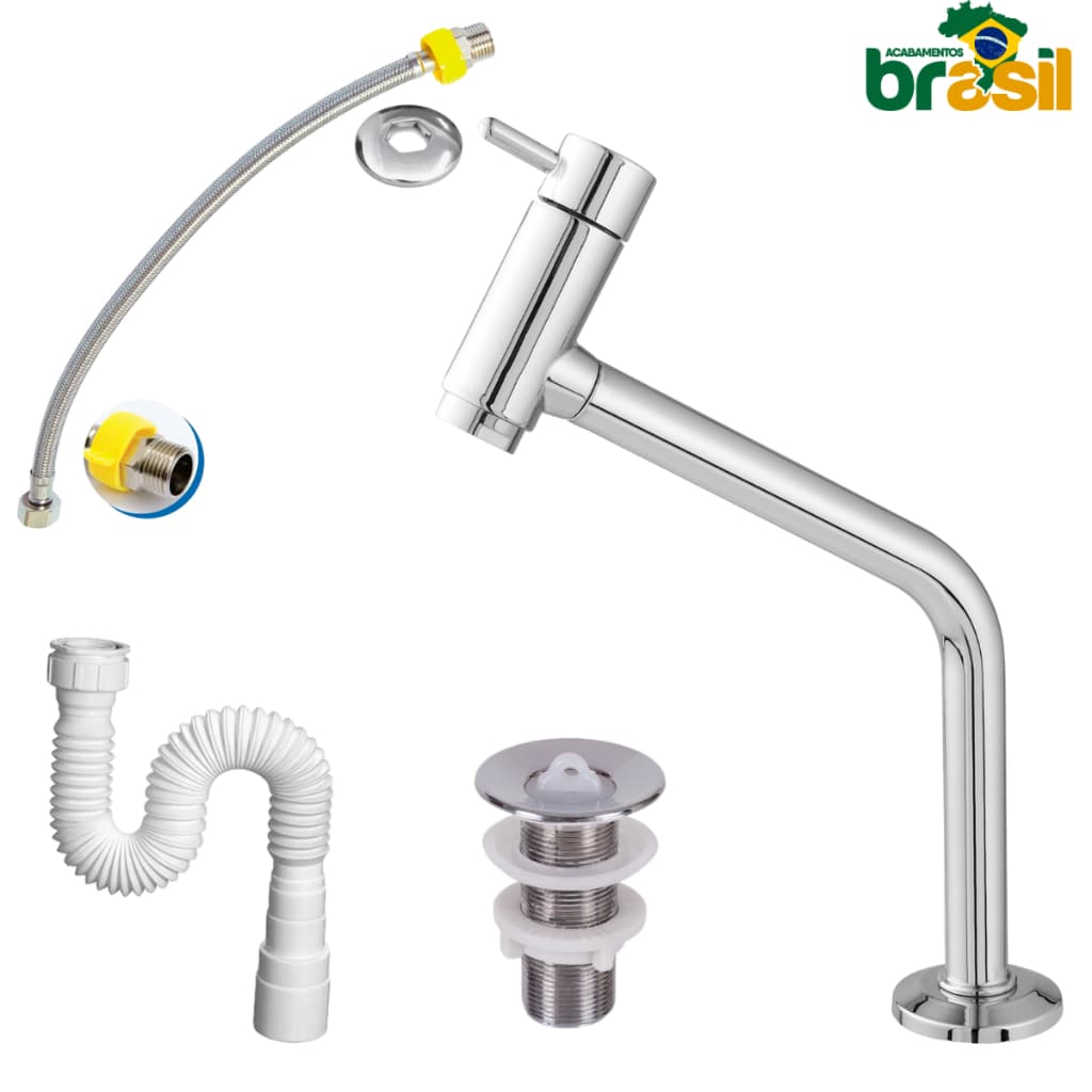 Kit para Lavatório/Banheiro Cromado Torneira + Válvula + Sifão + Engate - Cromado