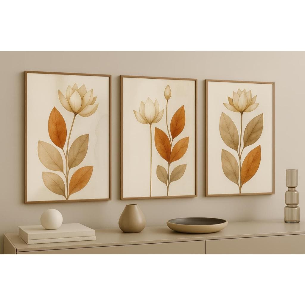 Quadro Decorativo 3 Peças Folhagem Coloridas Pétalas Terracota Moderno Para Casa