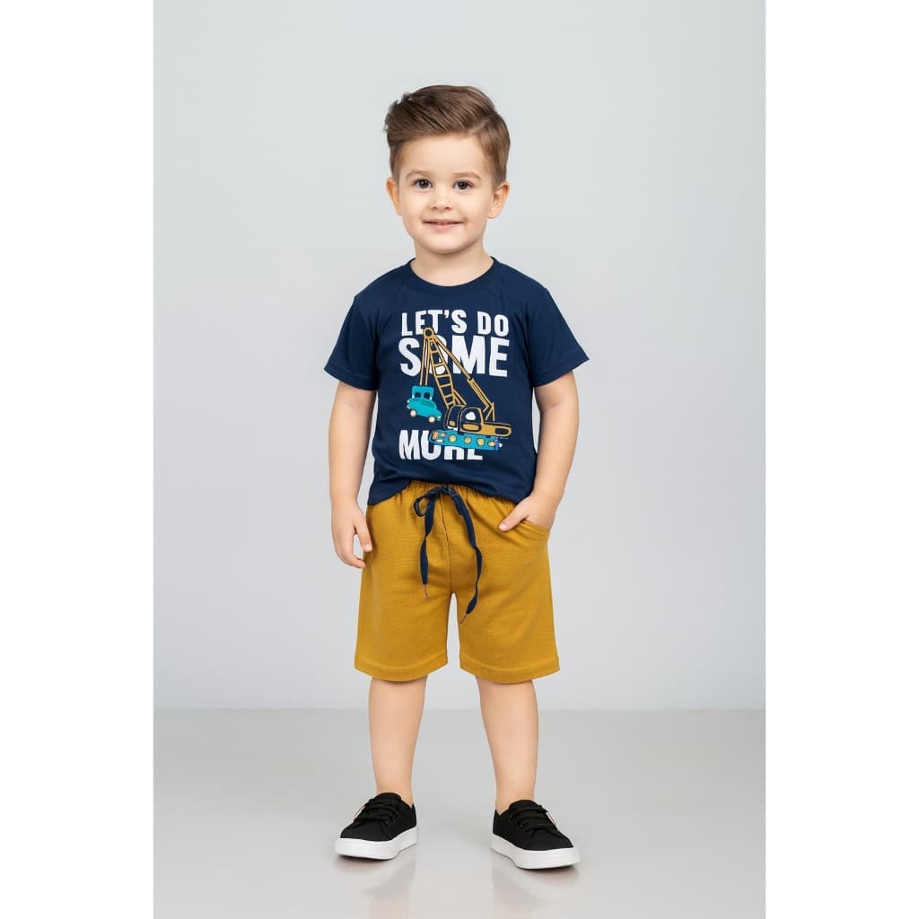 CONJUNTO AZUL MARINHO INFANTIL MENINO ESTAMPADO CARROS VERÃO