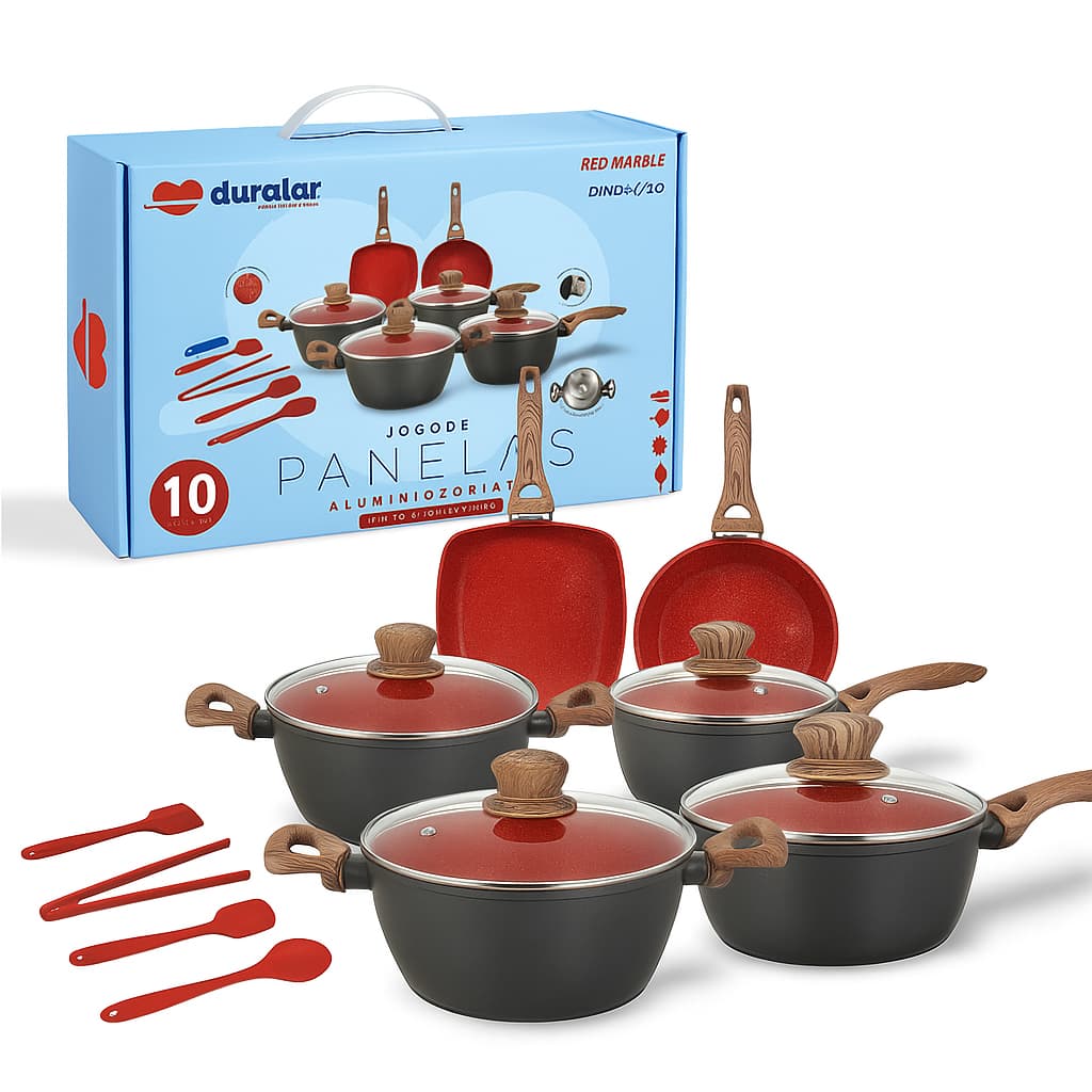 Jogo de Panela Revestimento Cerâmica Antiaderente Indução 10 Peças Fogão Cooktop Vermelho Duralar