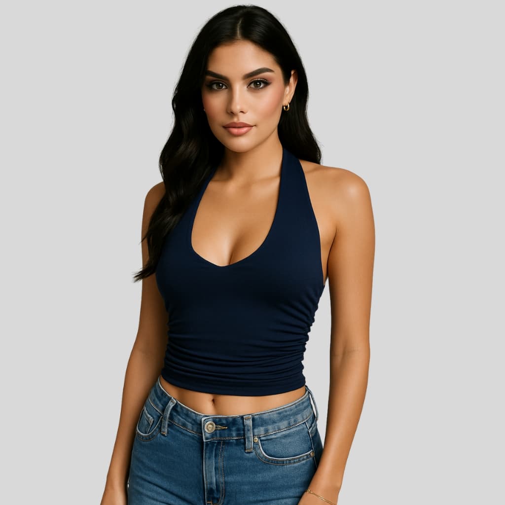 Blusa Cropped Feminina Halter – Frente Única, Franzido na Lateral e Forro no Busto Suplex Premium