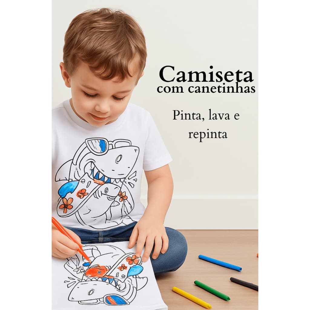 Camiseta para Colorir Infantil Crianças menina e menino Acompanha Canetinhas