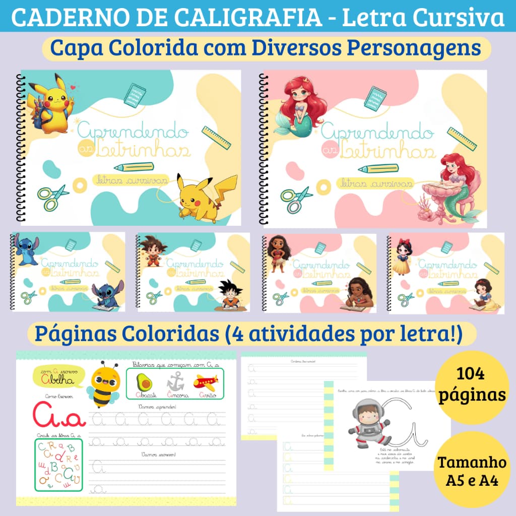 Caderno de Caligrafia 104 páginas Letra CURSIVA Colorido - Capa flexível (livro de caligrafia,  alfabetização infantil)
