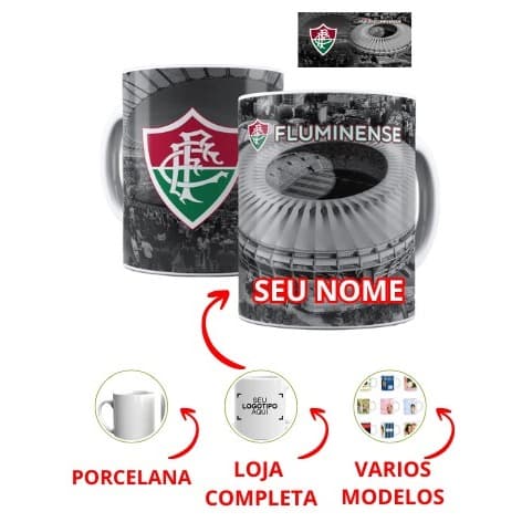 Caneca de Porcelana Fluminense 325ml Personalizada com Seu Nome – Escudo Oficial e Estádio
