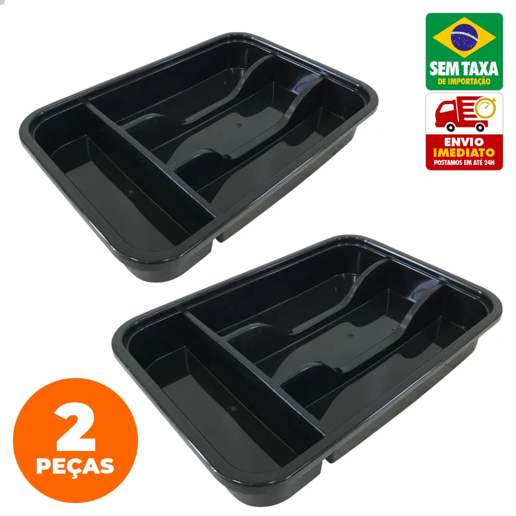 Organizador de Gavetas Porta Talheres Plástico Preto 4 Divisórias Kit 2 Unidades 29,5x19,8cm