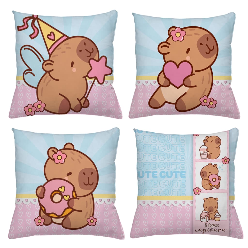 KIT 4 CAPAS DE ALMOFADAS DECORATIVA CAPIVARA DONUTS,CUTE FOFA - TAMANHO 45X45