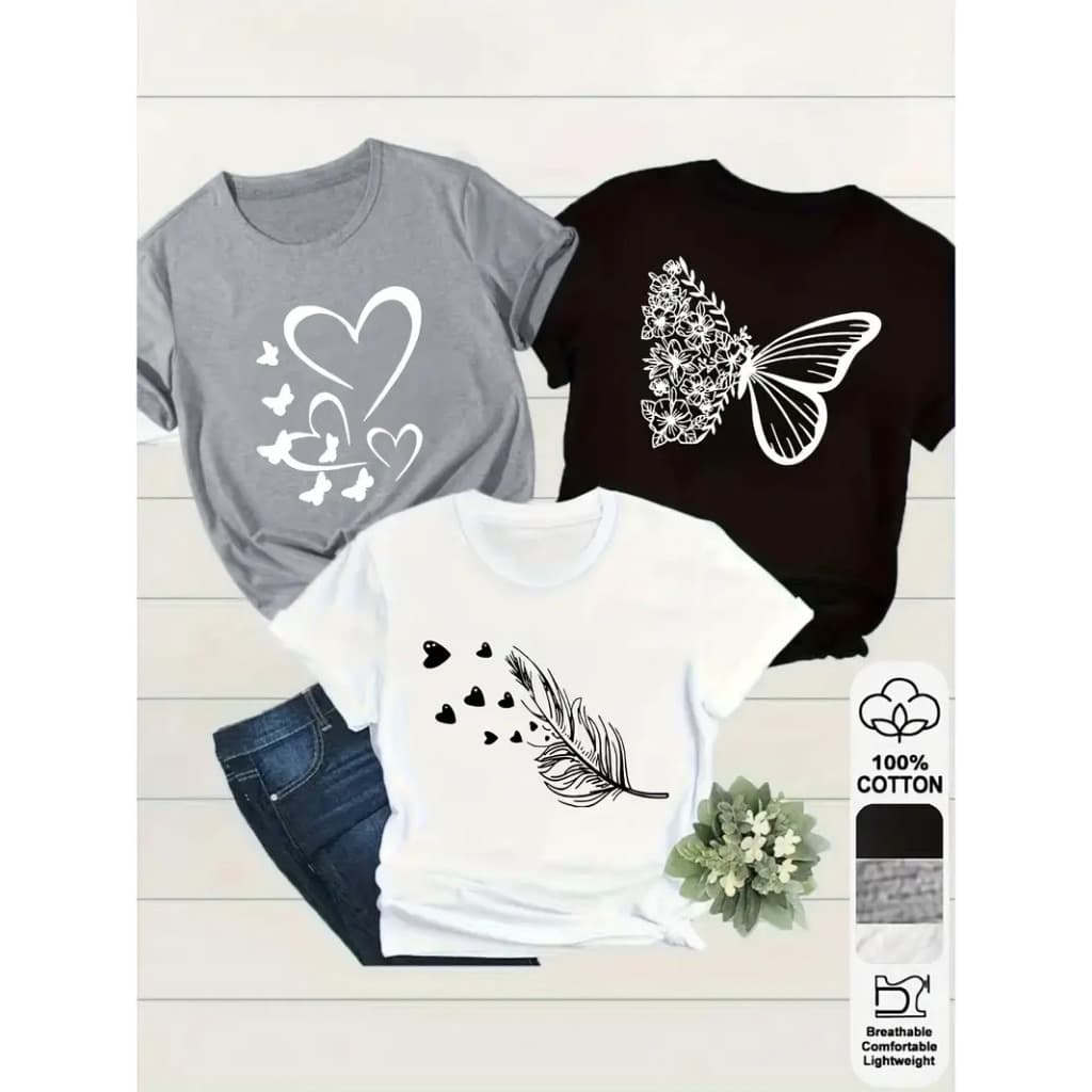 KIT 3 Camiseta Feminina Blusinha Algodão PlusSize Pena Coração Borboletas Streetwear Premium