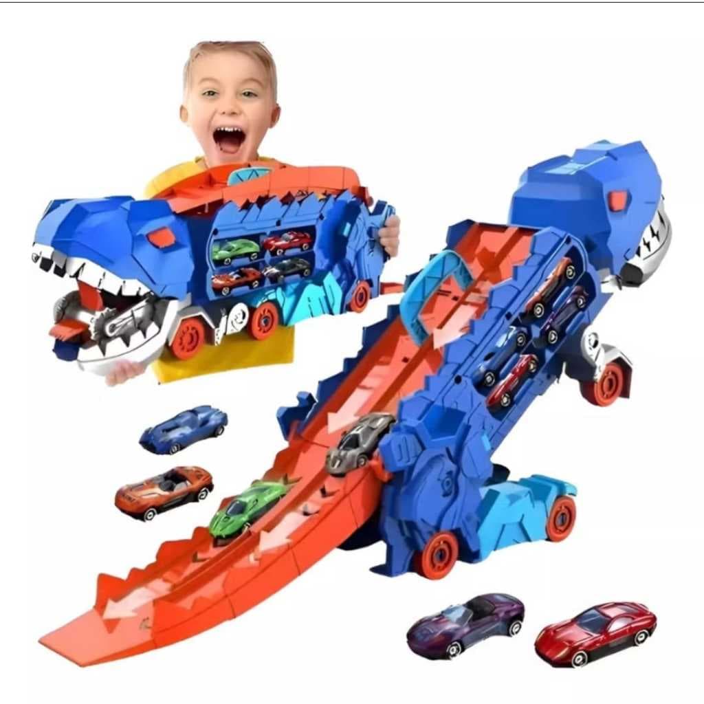 Carrinho Caminhão Dinossauro Engole Carros Diversão Garantida – Acompanha 2 Carros de Metal
