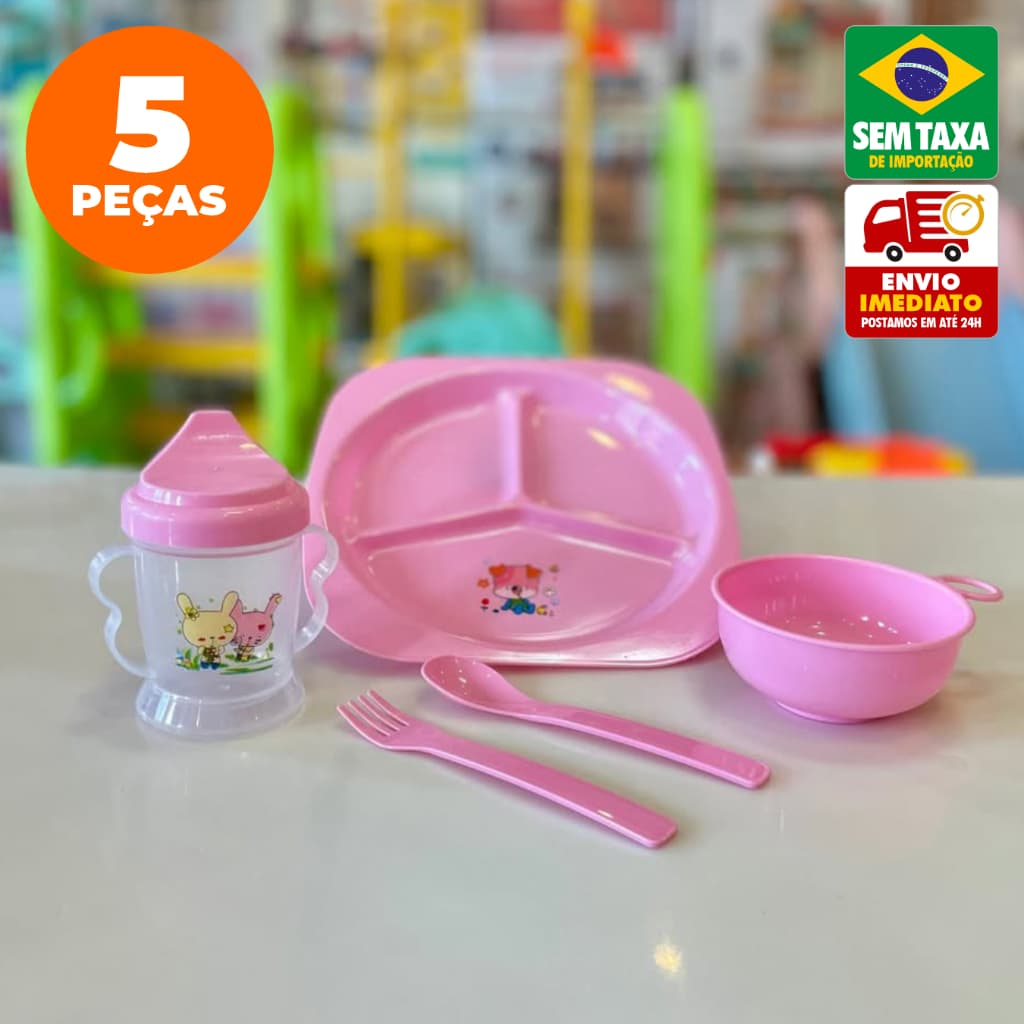 Kit Refeição Infantil 4 ou 5 Peças Tigela Copo Colher Garfo Prato Divisória Amigold Azul Rosa