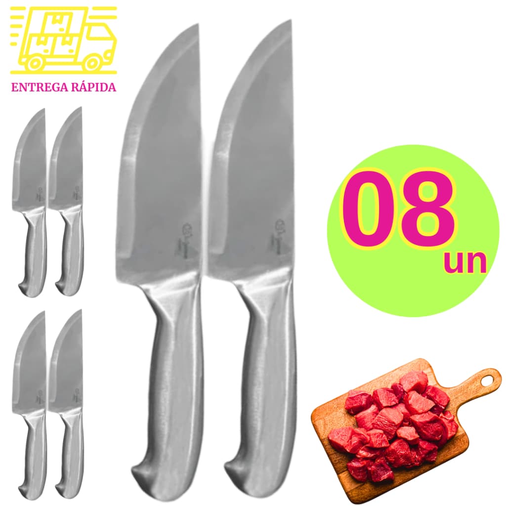 Kit 8 Facas Profissional Master Chef de Cortar Carne Aço Inox Cozinha Churrasco Gourmet para Buffet