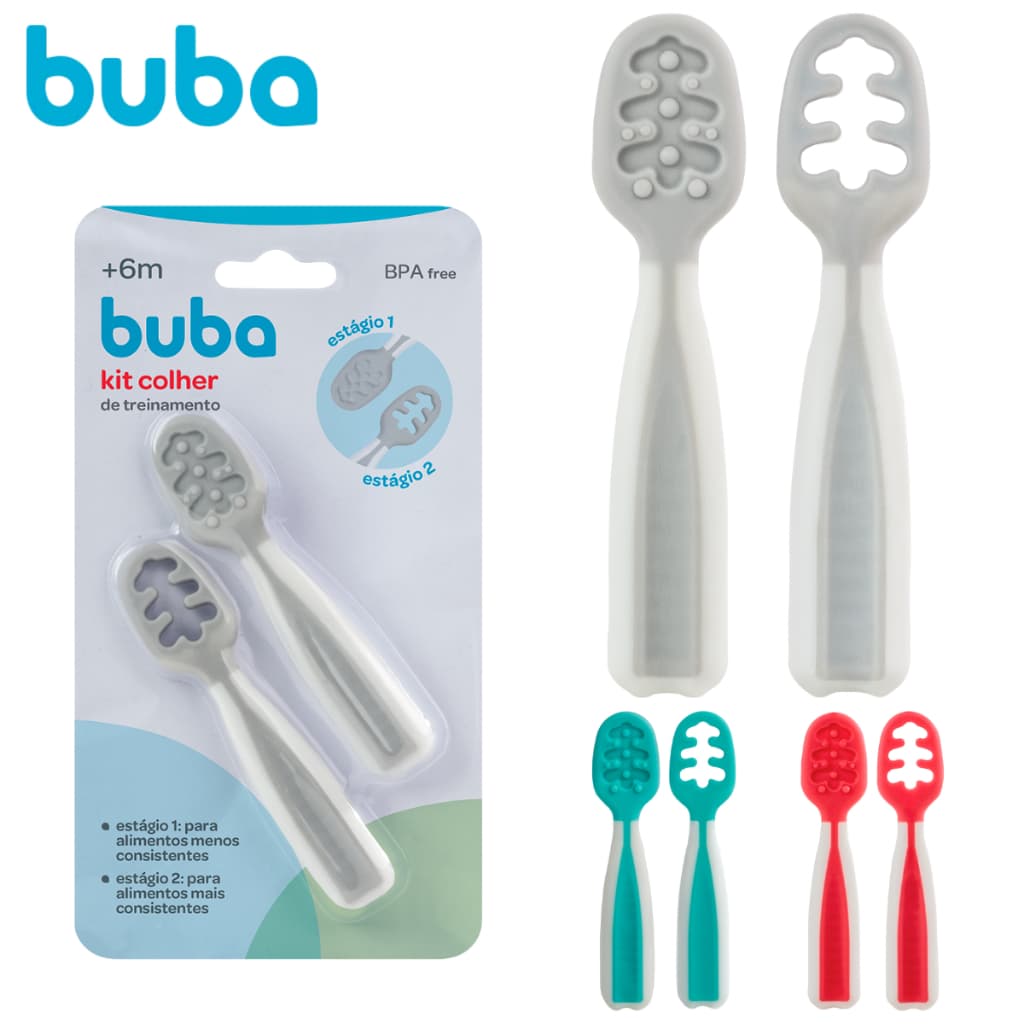 Colher 2 Estágios Buba Treinamento Auto Alimentação Cinza Rosa Verde Para Bebê Introdução Alimentar