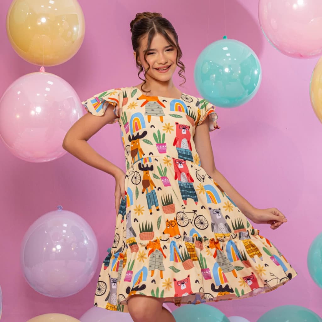 Vestido Infantil Menina Blogueirinha Juvenil Colorido Evangelico Manga Babado Estampado Bichinhos