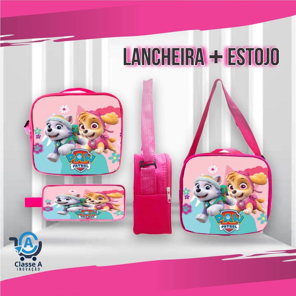 Kit Lancheira Térmica e Estojo Infantil Feminina Menina Personagens Minnie Patrulha Canina Princesas