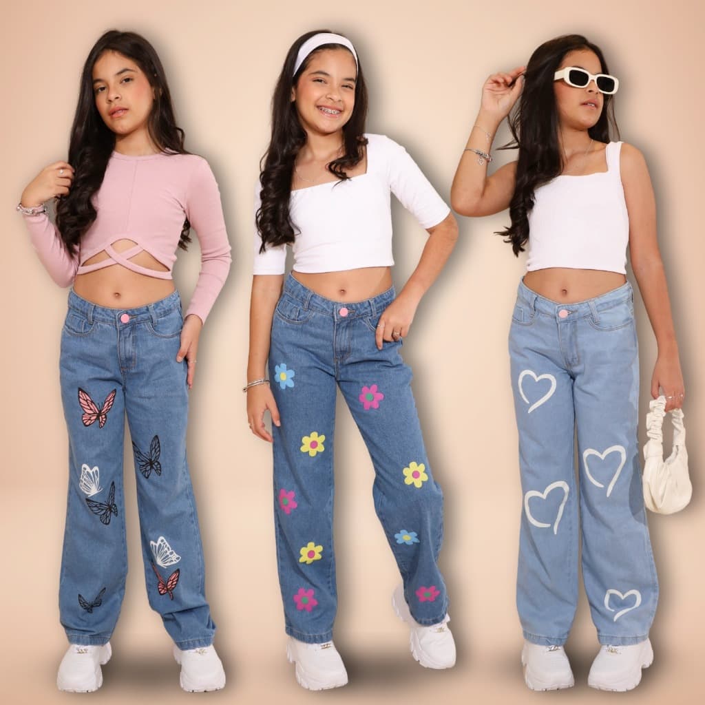 Calça Jeans Infantil Wide Leg Feminina Estilosa 4 ao 16 c/ Elástico Barra Larga Moda Blogueirinha