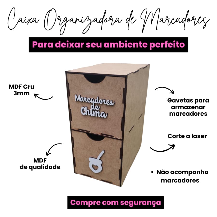 Organizador De Marcadores Para Chimarrão, MDF 3mm Cru, 2 Gavetas, Sem Marcadores Inclusos