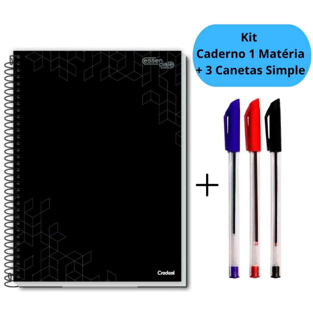 Kit Caderno Universitário 1 Matéria Preto ou Rosa + 3 Canetas Simple Espiral Escolar