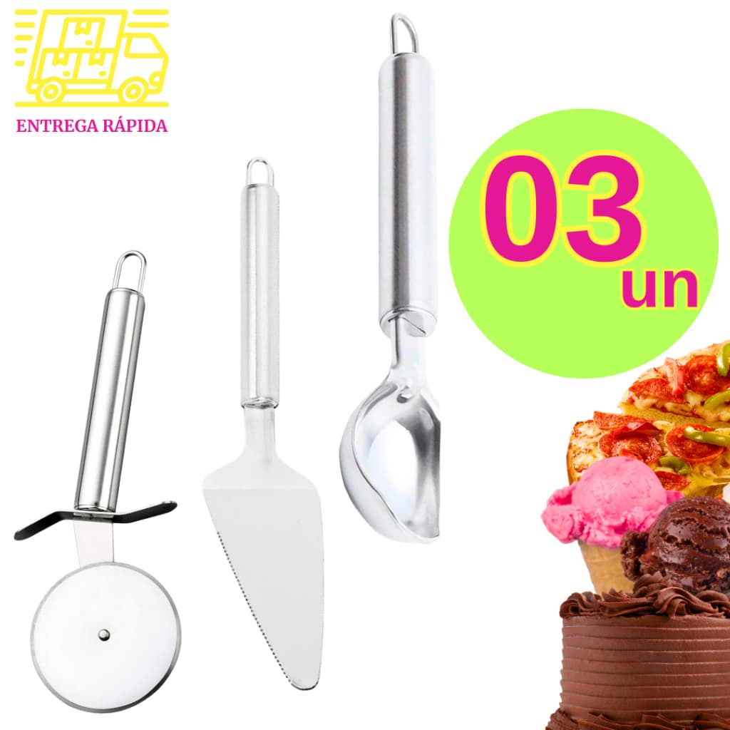 Kit Utensílios Espátula de Bolo + Pegador de Sorvete + Cortador de Pizza Profissional Aço Inox