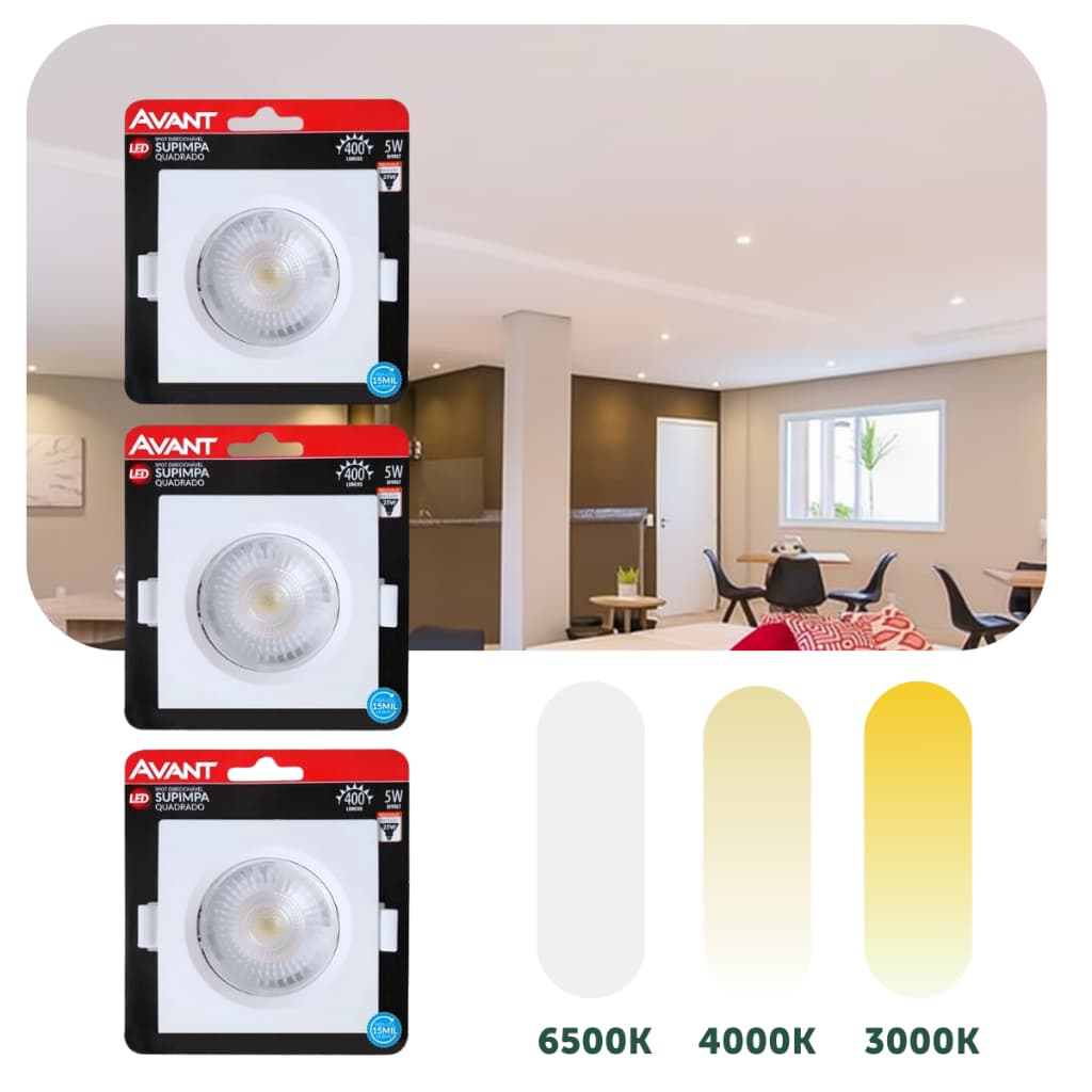 Kit 3 Spot Led Embutir 5w Quadrado/Redondo 9cm Luminária Teto Gesso Sanca Forro Dicroica MR16 Avant
