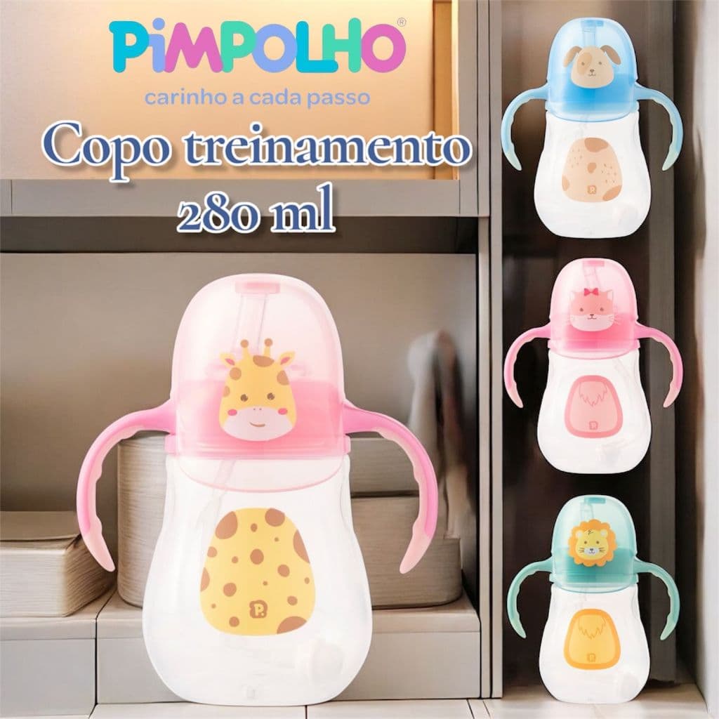 Copo de treinamento infantil com alça bebe 280ml bico silicone Pimpolho girafa gato leão e cachorro