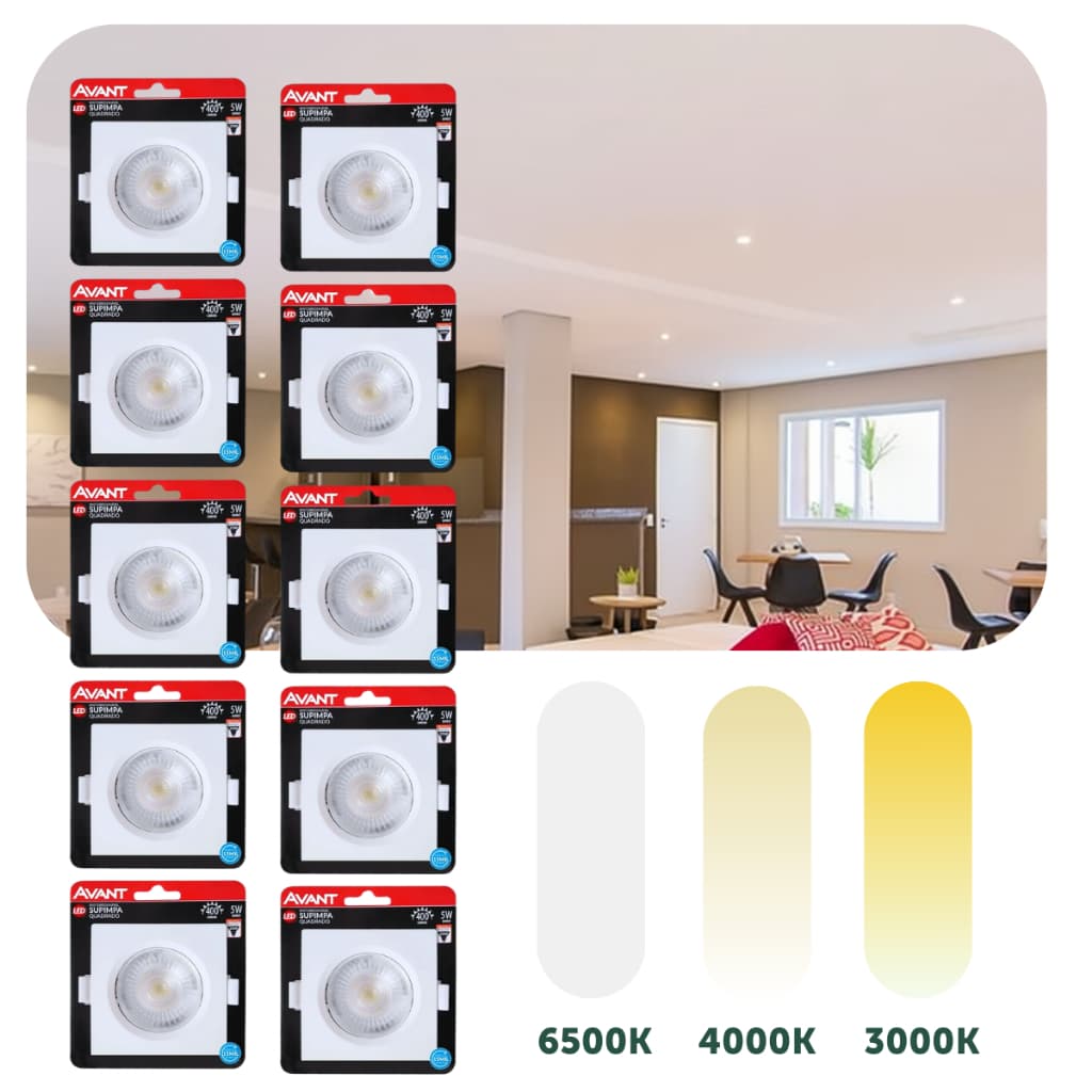 Kit 10 Spot Led Embutir 5w Quadrado/Redondo 9cm Luminária Teto Gesso Forro Dicroica MR16 Avant