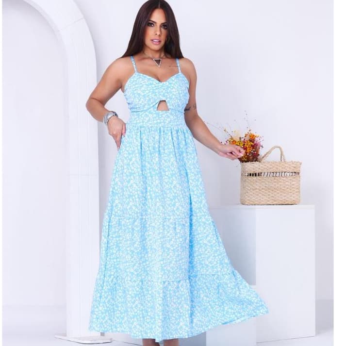 Vestido Feminino Longo Florido três Marias com Alçinha Regulável e Elaxtex Nas Costas