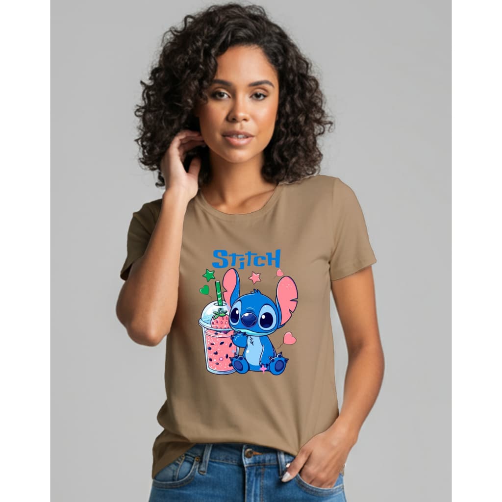 Camiseta Feminina T-Shirt Estampada Stitch Cute Drink Blusa Estilosa | 100% Algodão Premium