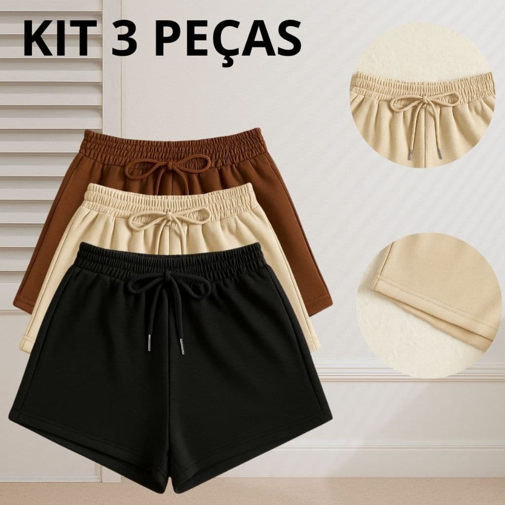 Kit 3 Shortinhos Femininos Moletom Casual Academia Corrida Treino Sem Estampa
