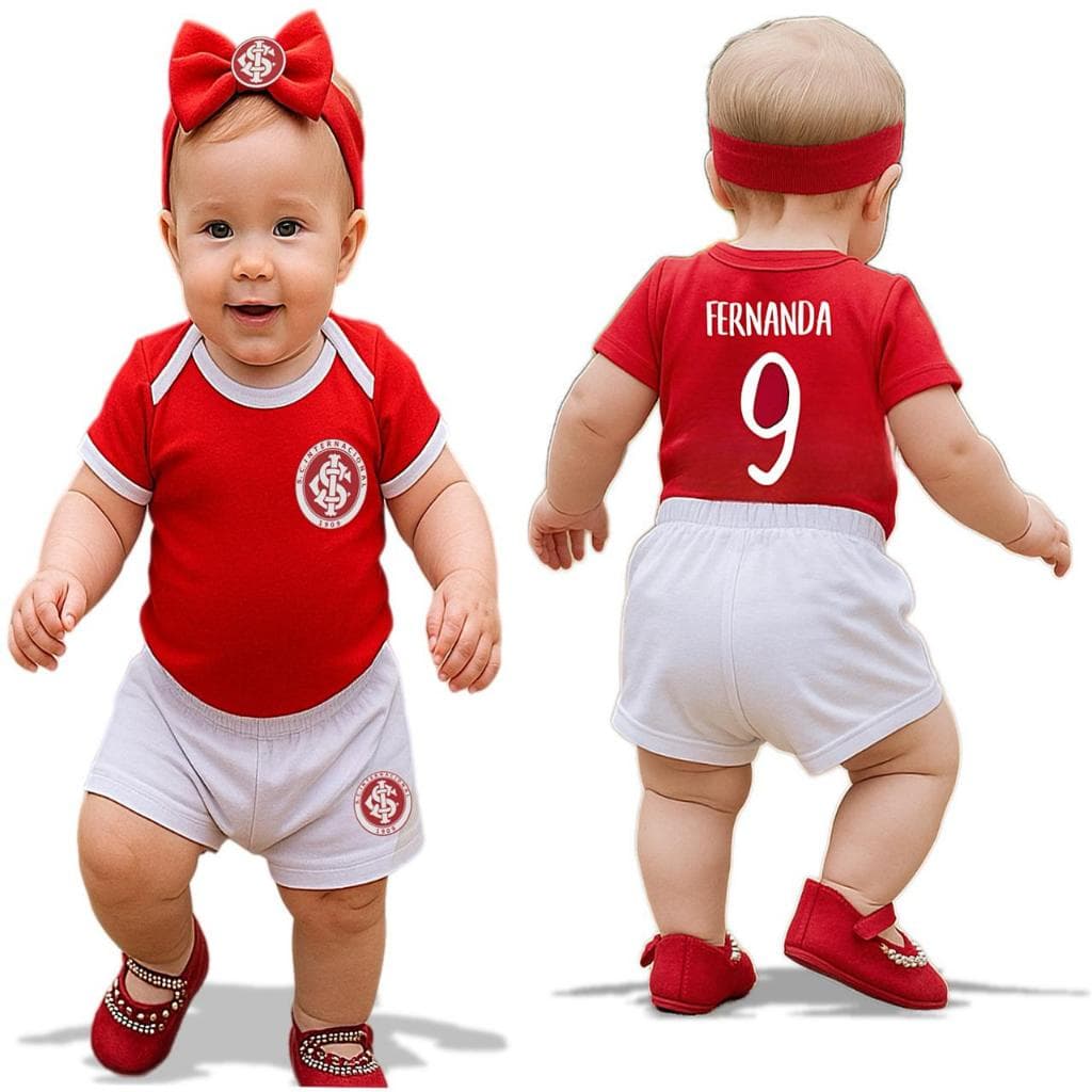 Conjunto Body Bebê Time Personalizado Shorts Tênis Laço/clip 100% Algodão Antialérgico Mesversário