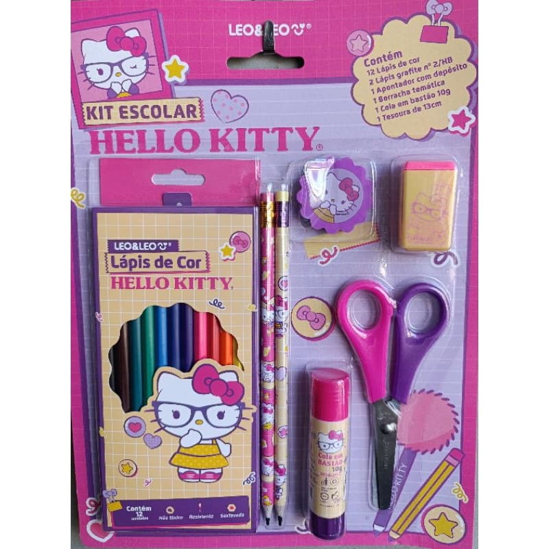 Kit Escolar Hello Kitty - 18 Peças - Lapis de Cor + Tesoura + Cola Bastao + Borracha + Apontador + Lapis Preto