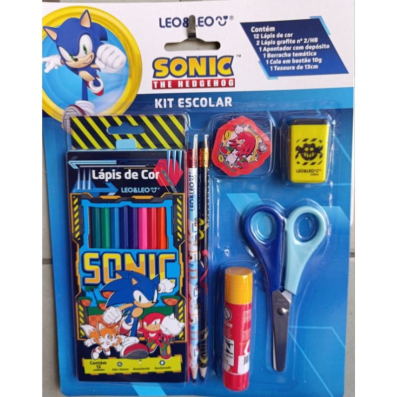 Kit Escolar Sonic - 18 Peças - Lapis de Cor + Tesoura + Cola Bastao + Borracha + Apontador + Lapis Preto