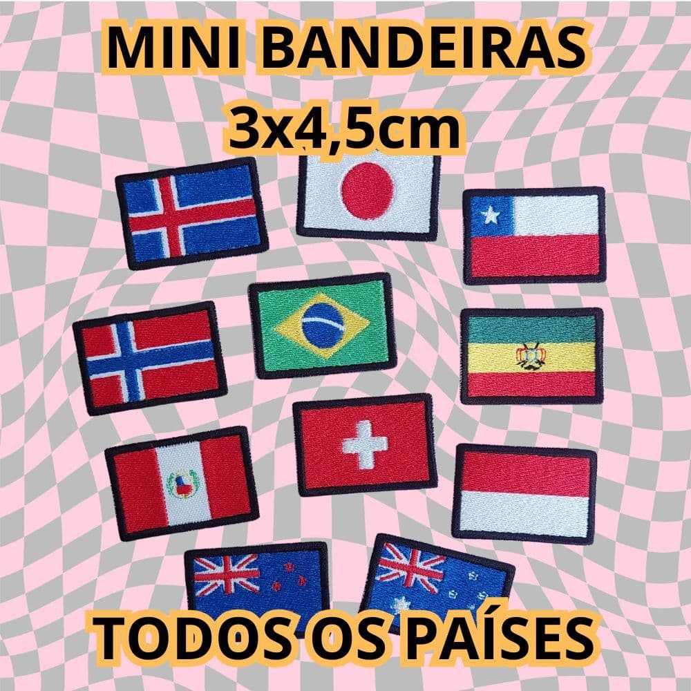 Patch Mini Bandeiras Países 3x4,5cm Bordado Aplique Termocolante Velcro Mochilas Coletes Fardas
