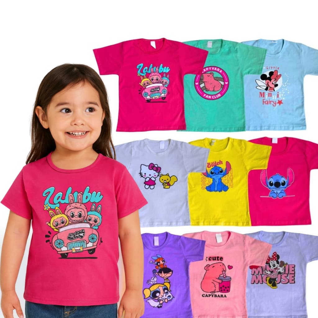 Kit 2 Camiseta Infantil Menina Manga Curta em 100% Algodão