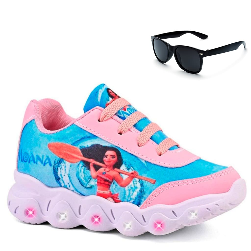 Kit Tênis Infantil Menina Moana Com Led + Óculos Infantil